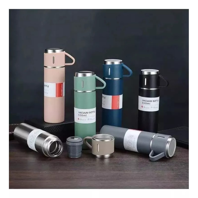 Vaccum Flask Termo 500ml, 3 Tazas, Acero Inoxidable 12 Hras