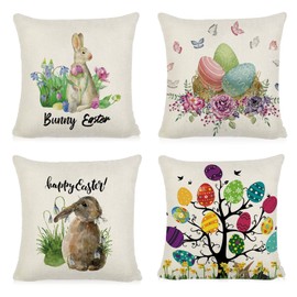 Leeelyan Easter Cushion Cover 45 x 45 cm 45 x 45 cm Decorative Easter Bunny Egg Linen Cushion Cover Cream B