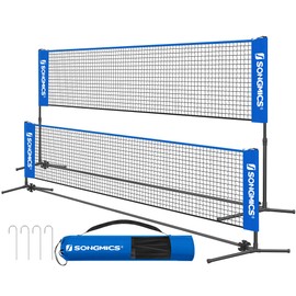 SONGMICS 13 ft Badminton Net, Height Adjustable Volleyball Net, Pickleball Net with Poles, Foldable Nylon Net for Tennis Indoor Outdoor Court, Blue Black USYQ400