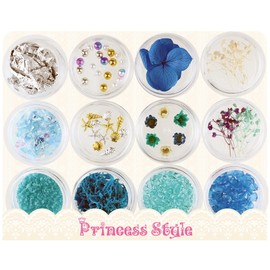 Princess-style Herbarium Ballpoint Pen Material, Dried Flowers, Presa, Flowers, Pearl, Hologram, Etc., Container, Set of 12 (Marine)