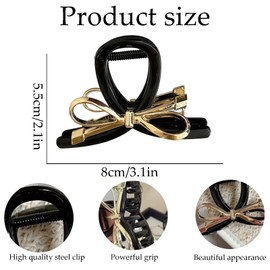 Gold Bow Hair Clips for Women Medium Hair Claw Clips for Thick Hair Black Plastic Hair Clips for Women with Gold Ribbon Design Summer Hair Accessories Hair Barrettes for Hair Styling 1Pcs