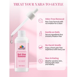 EBANKU 60ML Nail Glue Remover, Press On Nail Remover Quick Easy Removal, False Nails Adhesive Debonder with Cuticle Pusher, Non-Acetone Gentle Off for False Tips