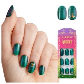 imPRESS X WICKED: FOR GOOD Press On Nails, â€˜A Story of Two Halvesâ€™, Green, Short Oval, New Improved Adhesive, Up To 10 Day Hold, Includes 30 Fake Nails, 1 Prep Pad, 1 Manicure Stick, 1 Mini File