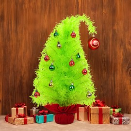 2 FT Grinchs Christmas Tree, Small Gringchs Christmas Decorations Table Top Christmas Tree with Mini Ornaments and Red Ball, Bendable Whimsical Decor for Home Office Holiday Party