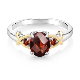 Gem Stone King 925 Silver and 10K Yellow Gold Oval Checkerboard Red Garnet Ring For Women (1.63 Cttw, Gemstone Birthstone, Available In Size 5, 6, 7, 8, 9)