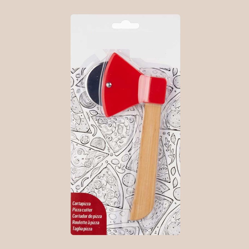 ANDINUS Pizza Cutter Axe Shape - Wooden Handle Red Plastic