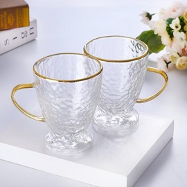 Sister.ly Drinkware, Hammered Double Wall Glass Coffee Cups with Gold Rim and Gold Handle, Insulated Glass Coffee Mugs, Set of 2, 12 ounces. Perfect for Espresso, Latte, Tea, Irish Coffee