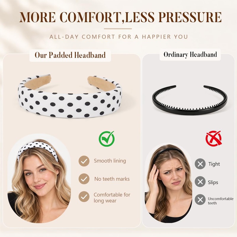 4 Pack Wide Satin Padded Headbands for Women, No-Slip Hair