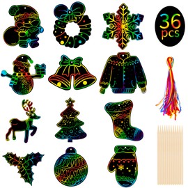 Kiiwah Pack of 36 Christmas Scratch Pictures for Children, Christmas Scratch Paper Rainbow Scratch Art with 36 Ribbons and 12 Wooden Pens for Children Crafts, Christmas Gift Cans, Christmas Tree