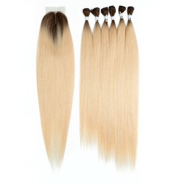 N BLE STAR Synthetic Hair 6Bundles with Lace Closure 26 28 30 Inch Brown Ombre Blonde 613 Yaki Straight Hair Weave Swiss Lace Hair Extension Heat Resistant Synthetic Bundles