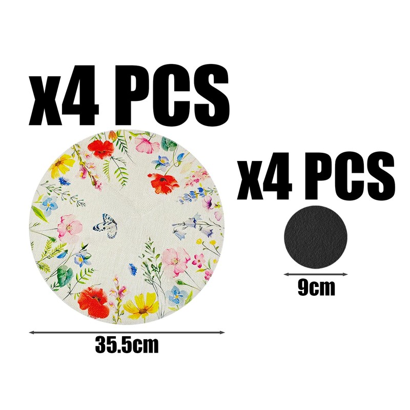 4 Pieces Round Floral Placemats And 4 Pieces Coasters, Dining