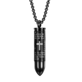 VersaKits Bullet Pendant Necklace for Men Cross Bible Charm Black Stainless Steel Locket Necklace with Box Chain