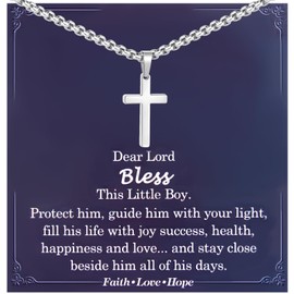 Christening Cross Necklace for Boys, Stainless Steel Silver Cross Chain Necklace for First Holy Communion Baptism Christian Gifts Easter Gifts for Teenage Boys Son Nephew Toddler