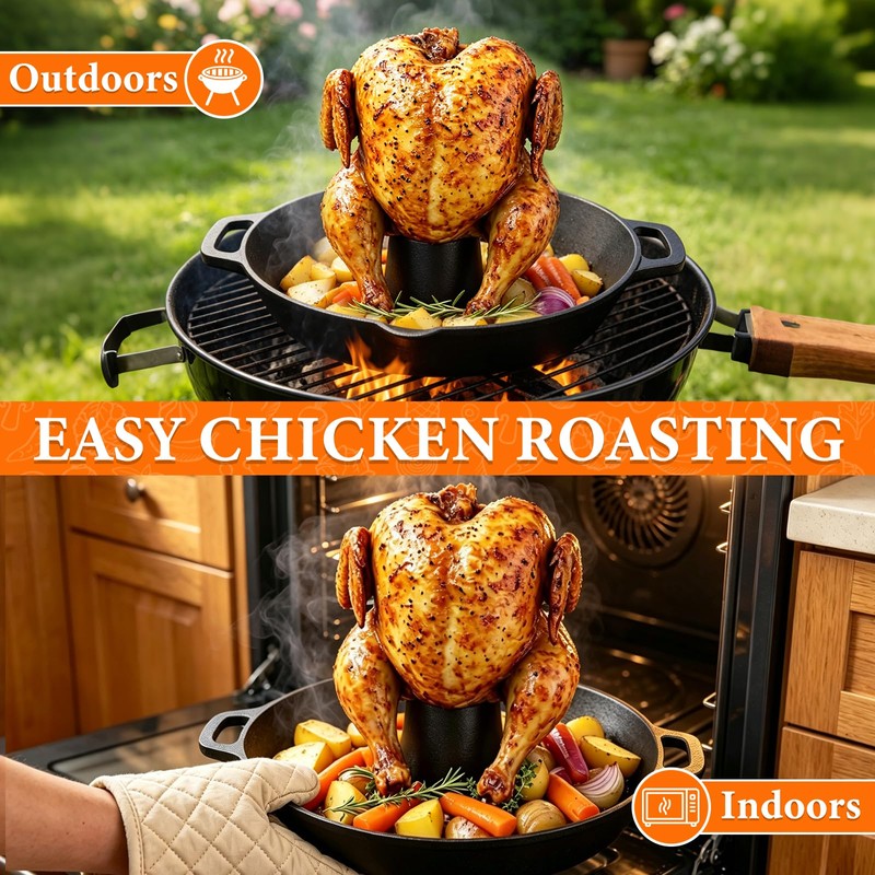 Vertical Cast Iron Chicken Roaster with Drip Pan for Juicy