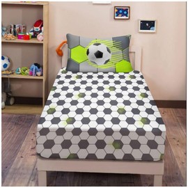VELVETIO Boys & Girls Football Fitted Sheet with Matching Pillowcase, Soft Polycotton Kids Bedsheet Single, Breathable Printed Soccer Bedding Bedset, Grey