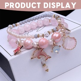 QOWIJEX 1 x Bracelet with Dolphin and Shells, Mood Bracelet with Pendant for Children, Pink Children's Bracelet with Gift Box, Children's Birthday Party Favours, for Girls