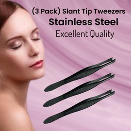 3 Vintage Style Slant Tip Ribbed Professional Stainless Steel Tweezers for Eyebrows Premium Precision for Facial Hair Splinter Ingrown Hair Removal (Black)