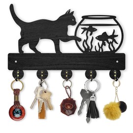 MAYJOYDIY Wooden Key Holder for Wall with Cats Aquarium Key Rack with Cat Motif 30 x 19.4 cm 5 Metal Hooks Wall Hanger Cats/Goldfish Holder as a Gift Home Kitchen