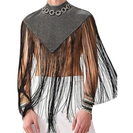 Men's Sequins Tassel Trim Turtleneck Sleeveless Fringed Solid Tee Top Shawl Wrap Cape Pullover Muscle Tank Top Disco 70s Rave Outfits