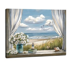 Bathroom beach picture wall art, blue ocean painting decorate bedroom, relax sea view artwork