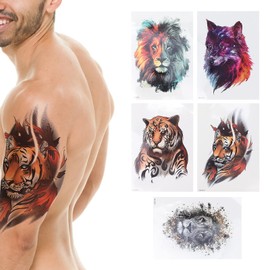 Body Art Tattoo Stickers 5 Sheets Animal Pattern Fake Tattoo Decals Temporary Tattoo Stickers, Waterproof Half Arm Back Waist Belly Fake Tattoo Stickers for Men