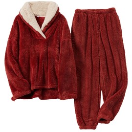 Yanhalo Womens Pyjamas Warm Fleece Pyjamas Set Winter Soft Ladies 2 Piece Nightwear Loungewear Set Longsleeve Top and Thermal Bottoms Pjs Sleepwear with Pocket Red