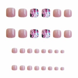 BABALAL Toe Nails Press on Purple Nails Fake Toenails with Design Acrylic Toe Nails Flower False Toenails Natural 24Pcs Thick Manicure French Tip Stick on Toenails for Women Girls Toenails Tip Art