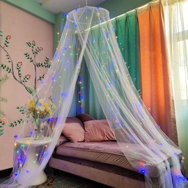 Eimilaly mosquitero con 250 luces de cortina coloridas, toldo de cama para decoración de habitación de niñas o fiesta temática, luces de color blanco