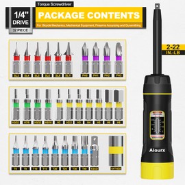 Aiourx Superior Precision Long Shank Torque Screwdriver Set, 2-22 Inch Pounds lbs, 2 in-lb Increment, 32 Pcs 1/4" Drive Torque Screwdriver Wrench with S2 Steel Bits for Bicycle repair, and Mounting