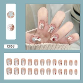 FIEONCIY Press on Nails Short Square Shaped Glossy Full Cover Acrylic Extra Short Square False Nails with Love Heart Designs Artificial Fake Nails Glue Stick ons Fingernails for Women Girls(R853)