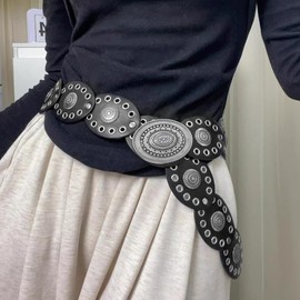 Heyjoin Oval Disc Belt for Women Wide Leather Concho Belts Boho Western Disc Link (Oval Silver Black-M)