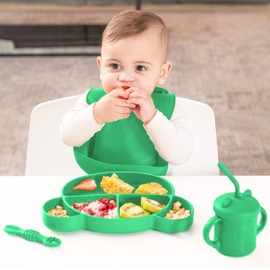 Complete Silicone Baby Led Weaning Supplies Set - Animal-Themed 15-Piece Toddler & Baby Feeding Essentials with Bib, Suction Plate & Bowl, Forks, Spoons, Sippy Cup, Straws & More (Jolly Green)