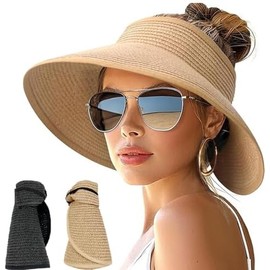 NDOOL Sombrero del Sol 2 Unidades, Sombrero de Visera para Mujer, Sombrero Paja, Gorra de Golf Ajustable, Sombrero de Playa, ala Ancha para Verano, Paquete 2 Packs