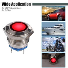 X AUTOHAUX 5 Pcs LED Indicator Light 16mm 12V AC DC Metal Shell Waterproof Pilot Dash Signal Lamp for Car Truck Boat Internal Red