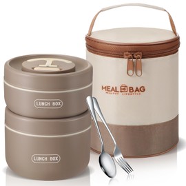 Dandat 2 Pcs Insulated Lunch Containers Thermal Bento Box with Bag Fork Knife Microwavable Stainless Steel Lunch Box 15.2 oz 22 oz Separate Stackable Thermal Food Jar for Adult Kids Men Women(Khaki)