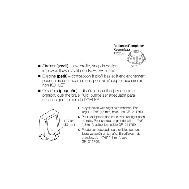 KOHLER GP1217811 Genuine Part 1 3/16” Snap In Urinal Strainer,