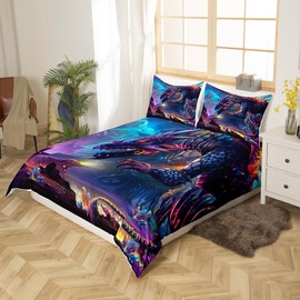 Fire Dragon Comforter Cover Twin Size Magical Dinosaur Bedding Set Jungle Animals Pattern Duvet Cover for Children Kids Boys Microfiber Wildlife Style Bedspread Cover Room Decor Bedclothes