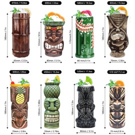 Tiki Mugs Cocktail Set of 8 - Tumblers Ceramic Hawaiian Luau Party Mugs Drinkware, Cute Exotic Cocktail Glasses, Tiki Bar Professional Hawaiian Party Barware, TKSET0017 (8pcs)
