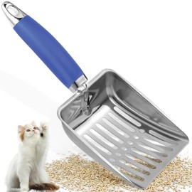 Cat Litter Scoop - Metal Cat Litter Scoop - Stainless Steel Scoop for Cats - Sturdy Metal Mesh - Rubber Handle - Easy to Clean, Suitable for Cat Litter Boxes (Blue)