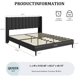 AILUNWALL Queen Size Velvet Bed Frame with Upholstered Headboard, Queen Platform Bed, Wood Slat Support, No Spring Mattress Required, Easy to Assemble, No Noise Free, Black