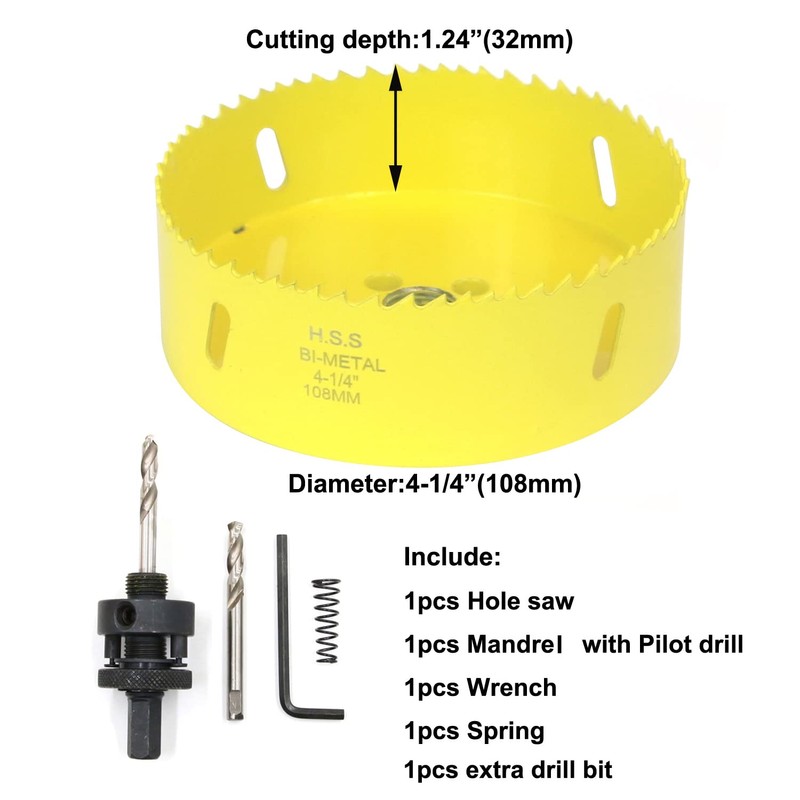 JIECHENG 4-1/4 inch Hole Saw for Wood,Soft metal,Drywall,Plasterboard and plywood,108mm