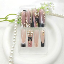 French Tip Press on Nails Long Square Fake Nails ith 3D Bow Butterfly Rhinestones Golden Glitter Designs Extra Long Nails Press ons Glossy Glue on Nails Nude Translucent Stick on Nails for Women 24Pcs