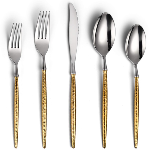 Lemeya 20-Piece Hammered Silver Gold Silverware Set,18/10 Stainless Steel Forging