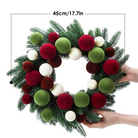 Juinte 16 Inches Christmas Cedar Wreath Set for Front Door Artificial Norfolk Wreath with Velvet Red Green and White Ball for Xmas Farmhouse Front Door Window Wall Party Decorative Hanging