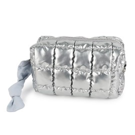 Dulayoo Quilted Makeup Bag Cosmetic Bag, Travel Toiletry Bag for Women, Cute Makeup Bag Organizer Puffer Pouch Silvery