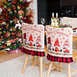 Christmas Chair Covers Burlap Plaid Gnomes Xmas Decoration Chair Protector Covers Christmas Dining Slipcovers Decorations for Christmas Holiday Home Decor,4 Pieces