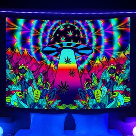 JAWO Trippy Blacklight Tapestry, Psychedelic Mushroom Floral Fantasy Mountain UV Nature Tapestry, Colorful Backdrop Wall Hanging for Bedroom Living Room 60x40