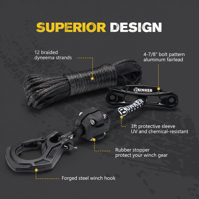 BUNKER INDUST Synthetic Winch Rope Kit,3/16" x 50' 8200 LBS