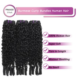 PINJUOO Burmese Curly Weave Bundles Human Hair 24 24 24 Inch 3C4A Curl Pattern Water Wave Sew in 3 Bundles with Spiral Ends Unprocessed Quick Weave Remy Hair Natural Black Color