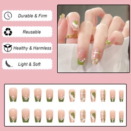 Ceboic 24Pcs Square False Nails Short, French Press on Nails Flower Pattern, Green Glossy Removable Glue on Nails with Glue Stickers, Acrylic Full Cover Stick on Nails for Women and Girls